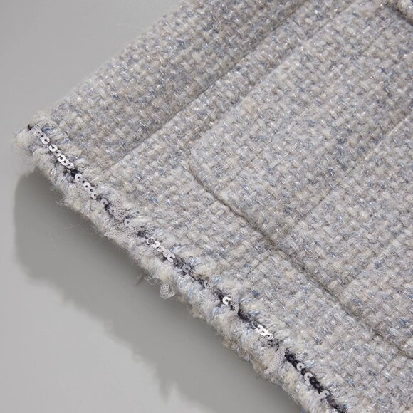 CHICJOC Handwoven Tweed Coat – Moonlight Grey with Night-Sky Sequin Fringe, Size - Picture 14 of 16